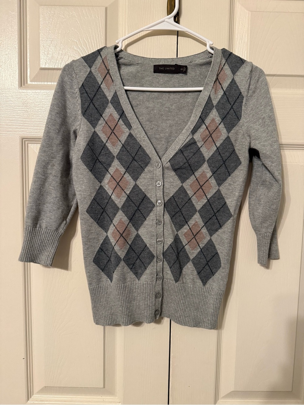 The Limited Gray Argyle V‑Neck Cardigan with Taupe Accents